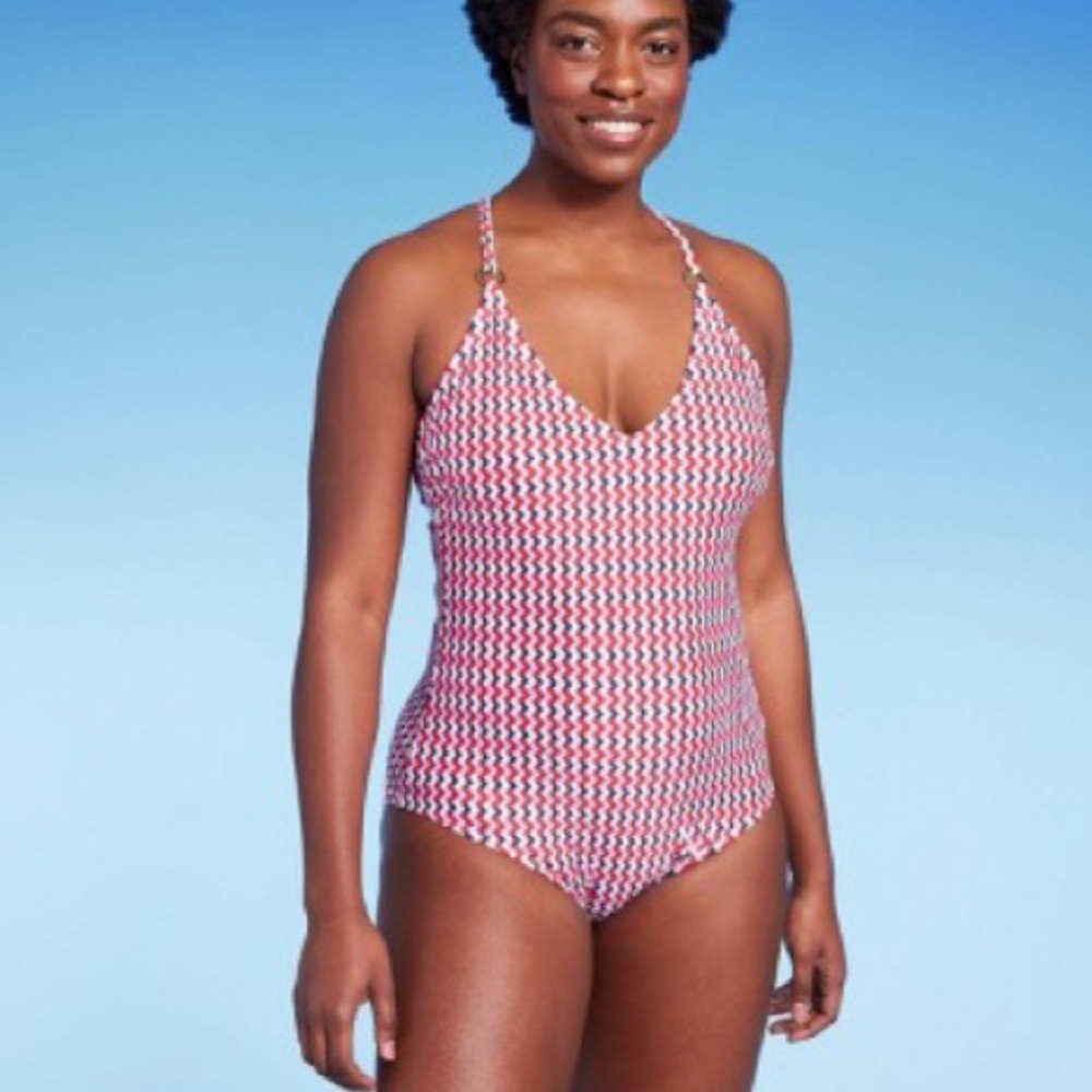 NWT Wide Ribbed Ring Medium Coverage One Piece Swimsuit Kona Sol Multi Red